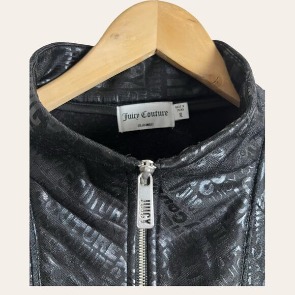 Juicy Couture Black Embossed Logo Print Zip Up Mock Neck Moto Jacket Size XL - Picture 2 of 7